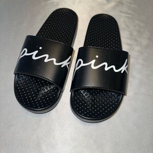 Victorias Secret Pink Logo Slides Sandals Shoes Black & White Script Small